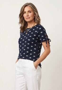 LOFT Ditsy Navy Blue Tie Sleeve Floral Print Crewneck Tee Shirt M Summer Spring
